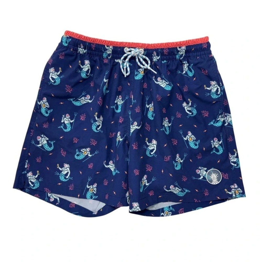 chubbies Navy Mermaid Print Swim Trunks with Teal and Coral Accents
